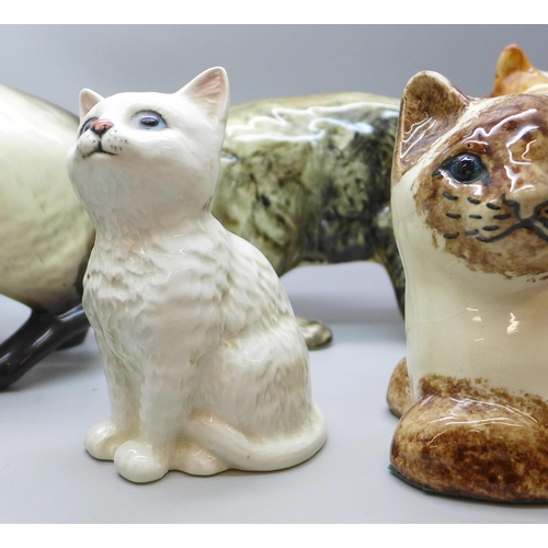 2082 - Five ceramic cat figures, including Beswick, Coopercraft, Tey and Rushton pottery, Isle of Man