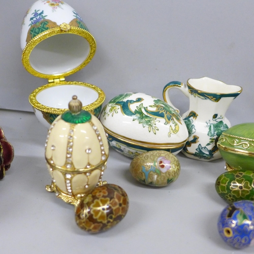 2109 - A collection of decorative egg ornaments and trinket boxes including cloisonné and Russian made