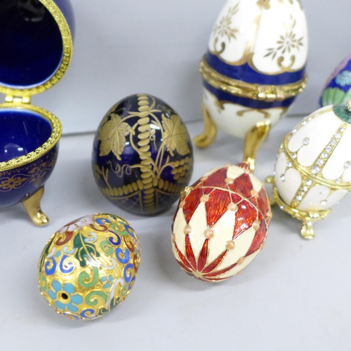 2109 - A collection of decorative egg ornaments and trinket boxes including cloisonné and Russian made