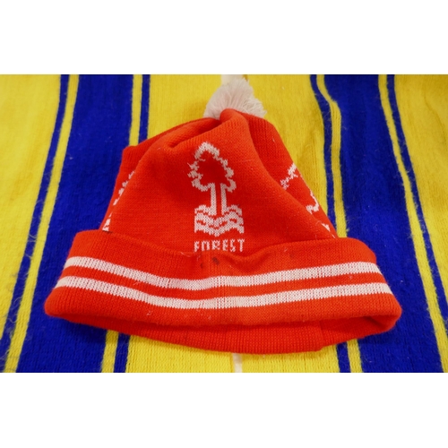 2127 - Two vintage Nottingham Forest Football Club scarves and a vintage bobble hat