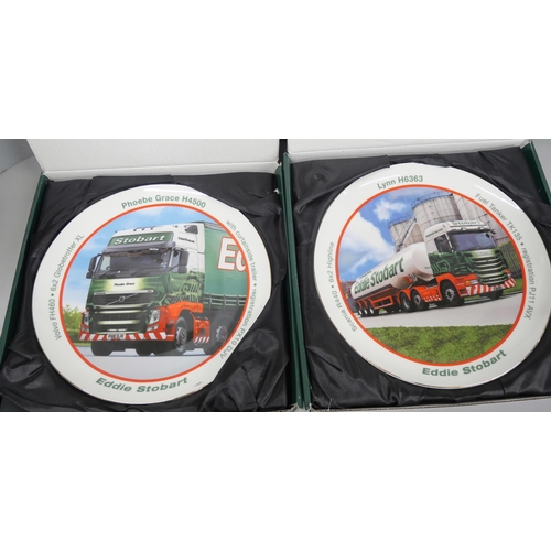 2140 - Four Eddie Stobart porcelain decorative plates, a DVD box set, two trams and a Scania low loader