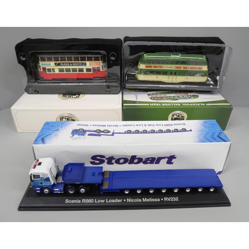 2140 - Four Eddie Stobart porcelain decorative plates, a DVD box set, two trams and a Scania low loader