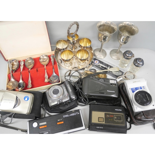 2147 - A collection of plated ware together with a silver rimmed salt and a collection of cameras and acces... 