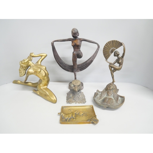 2213 - A brass model of nude lady, two Art Deco figures, a silver plated eagle head inkwell, lacking liner ... 