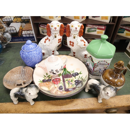 2217 - A box of mixed china including a pair of Staffordshire spaniels, a Goose Fair storage/cookie jar, a ... 