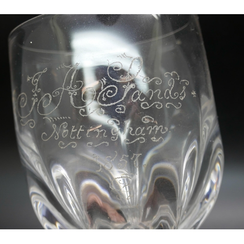 2237 - A Victorian glass goblet with inscription JA Sands, Nottingham 1857, No. 2, 15.5cm