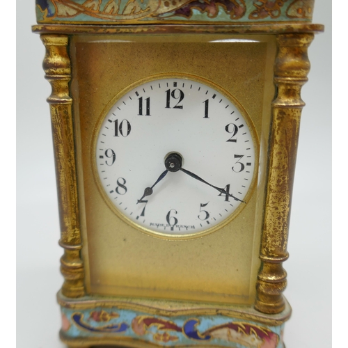 2238 - A small French carriage clock, gilt brass with cloisonne detail, 8cm tall