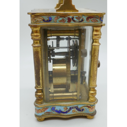 2238 - A small French carriage clock, gilt brass with cloisonne detail, 8cm tall