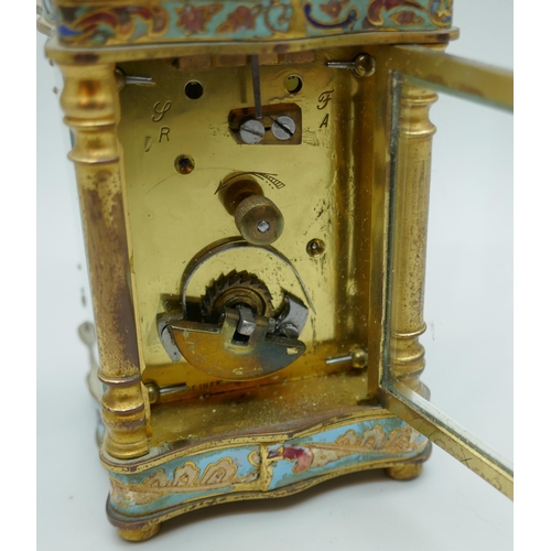 2238 - A small French carriage clock, gilt brass with cloisonne detail, 8cm tall