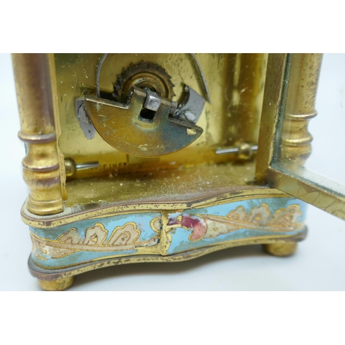 2238 - A small French carriage clock, gilt brass with cloisonne detail, 8cm tall