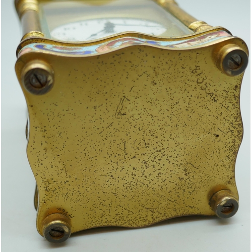 2238 - A small French carriage clock, gilt brass with cloisonne detail, 8cm tall