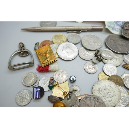 2241 - A collection of foreign coins, bank notes, badges and odd cufflinks, etc., including 2½ Gilder, 1872... 