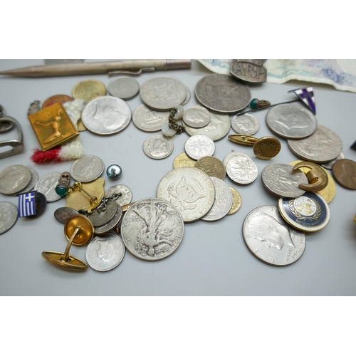 2241 - A collection of foreign coins, bank notes, badges and odd cufflinks, etc., including 2½ Gilder, 1872... 