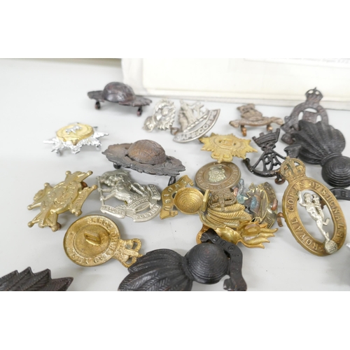 2264 - A collection of military cap badges and shoulder badges, together with a Daily Mail Birds-Eye map of... 