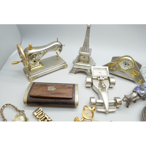 2265 - A collection of pocket watches and wristwatches together with small novelty clocks (Eiffel Tower, Se... 