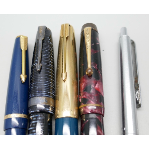 2266 - Four fountain pens, two Parker with 14ct gold nibs, one vacumatic, a silver pencil and a ballpoint p... 