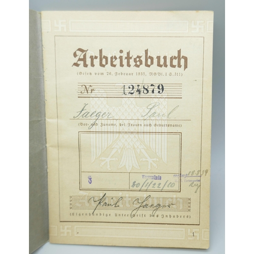 2271 - A German Work pass, 1935 to 1942, to Paul Jaeger, issued to war worker as a machinist