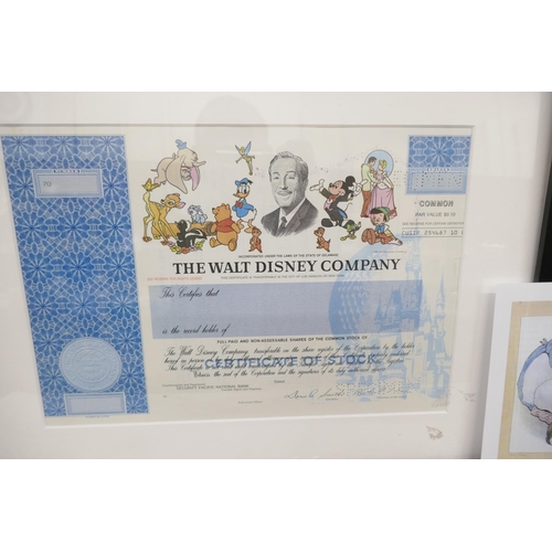 2277 - A collection of ten 50p Beatrix Potter coins together with framed Walt Disney certificate of stock