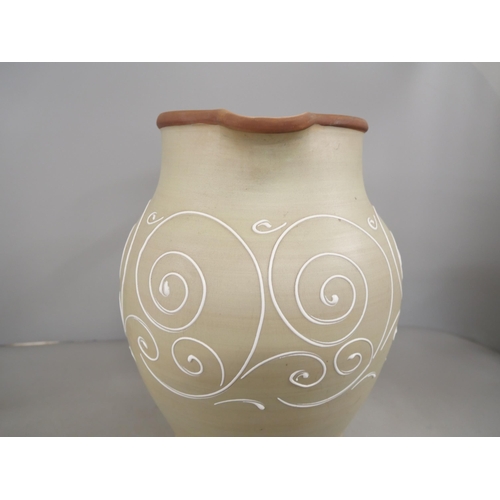 2295 - A sage green large ceramic jug with white piped decoration, marked M or W to base, Denby, 30.5cm