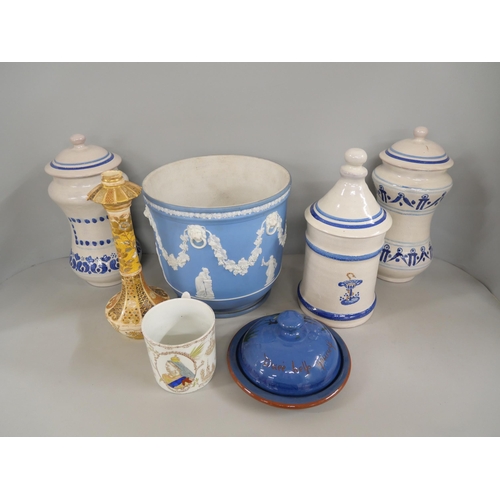 2299 - A collection of ceramics including a Wedgwood Jasperware planter, three Mexican blue and white lidde... 