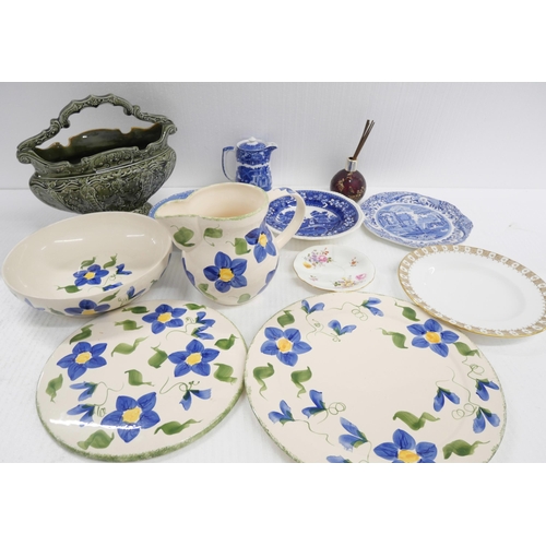 2344 - Two boxes of china, a green Majolica basket, two Copeland Spode bowls, cake plate, George Jones coff... 