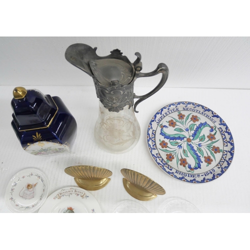 2349 - A pewter and etched glass claret jug, a Limoges porcelain lidded jar, a Greek plate, Armistice Negot... 