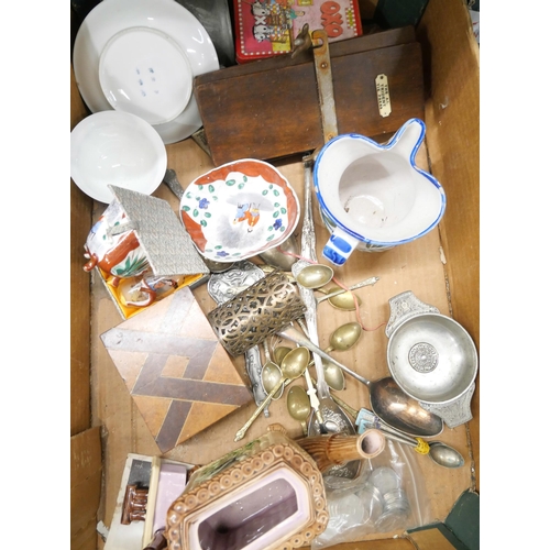 2358 - Two boxes of mixed assorted items to include European ceramic chargers, Oriental ceramics, wooden bo... 