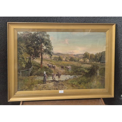 417 - John Falconer Slater (1857-1937), rural scene with farm girl and cattle by a stream, oil on canvas, ... 