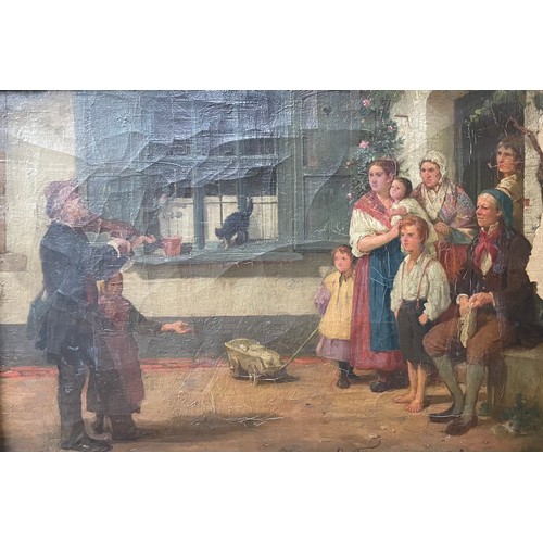 422 - Continental School (19th Century), violinist serenading a family, oil on canvas, indistinctly signed... 