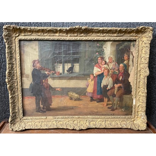 422 - Continental School (19th Century), violinist serenading a family, oil on canvas, indistinctly signed... 