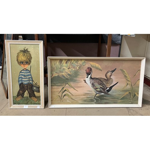 454 - L. Perrin, study of two ducks, oil on panel and a 1960's print of a young boy, framed