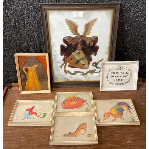 430 - A Sunderland porcelain plaque, armorial painting on porcelain & four humorous cartoons, watercolours... 