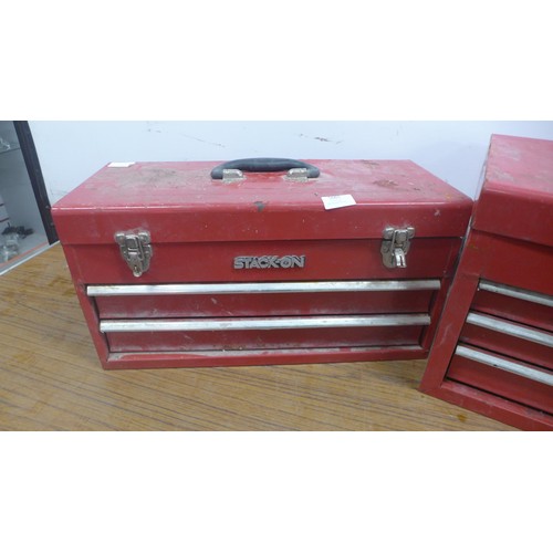 Two metal red tool boxes - one Stack-on and one other