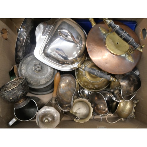 2359 - Two boxes of ceramics and metalwares including horse brasses, tankards, bed warming pan, etc. **PLEA... 