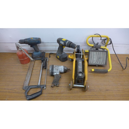 5061 - A box of miscellaneous tools drills, air gun, jacks, etc