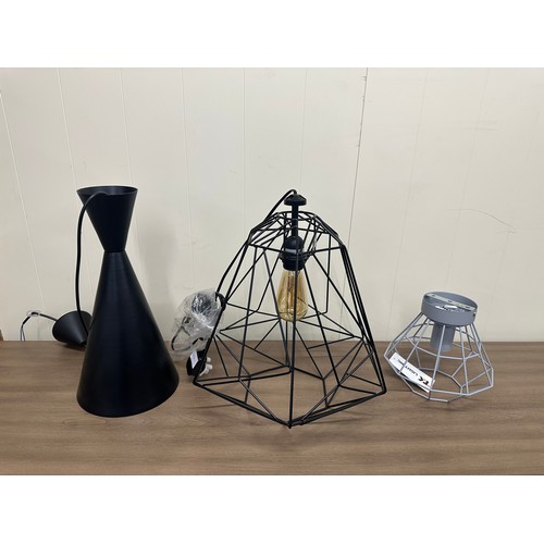 3280A - Black wire metal pendant light with vintage style LED bulb and two other pendant lights