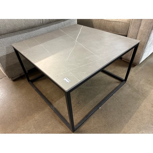 3069 - A black metal and slate effect square coffee table