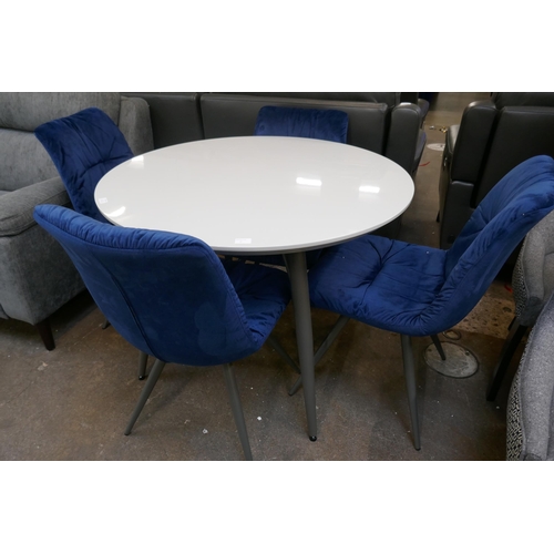 3111 - A grey gloss circular dining table and four navy velvet upholstered dining chairs