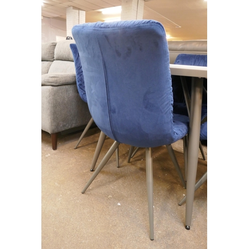 3111 - A grey gloss circular dining table and four navy velvet upholstered dining chairs