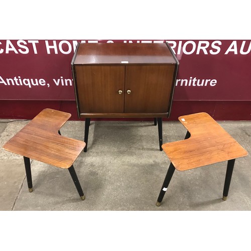 68 - A tola wood and black record cabinet and a pair of matching occasional tables