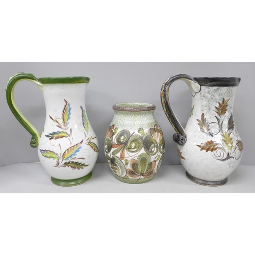 2003 - Two Denby Glyn ware jugs and a Glynbourne vase by Glyn Colledge, circa 1950s, tallest 23cm