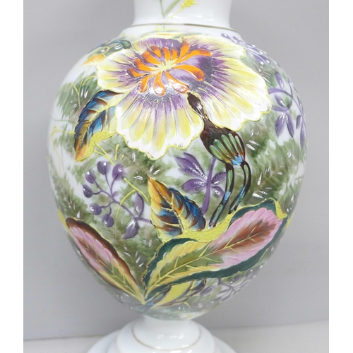 2007 - A late Victorian opaque glass vase, hand painted, 31.5cm