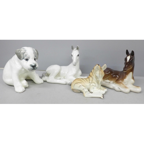 2014 - Two Lomonosov model horses, a zebra and a dog figure, all marked made in USSR