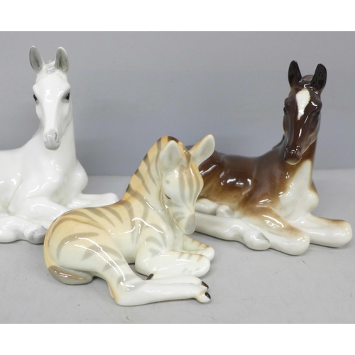 2014 - Two Lomonosov model horses, a zebra and a dog figure, all marked made in USSR