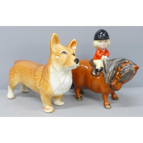 2037 - A Beswick Norman Thelwell model pony and rider, a/f, and a Sylvac model Corgi