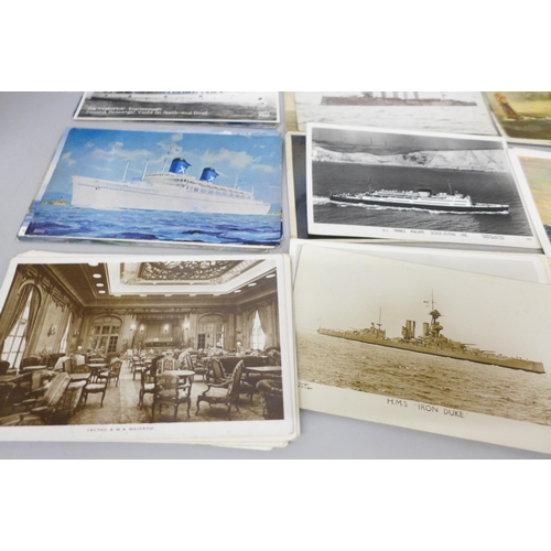 2055 - A collection of approximately 80 shipping postcards, battleships, cruise liners and some interior vi... 