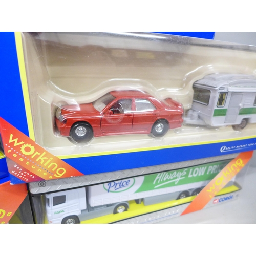 2091 - Four Corgi Super Haulers, Mercedes with caravan set and Highways Agency van, (6)