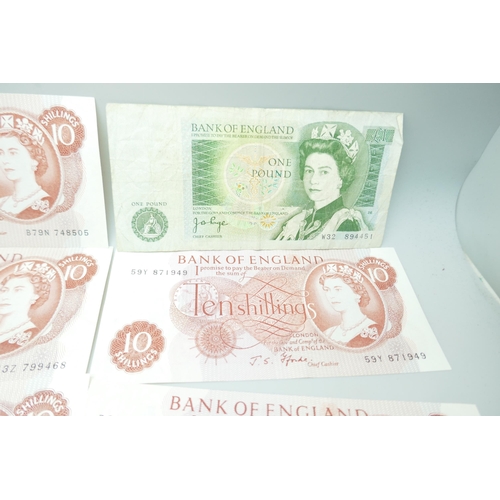 2189 - Twelve 10 shillings notes and two £1 note, 10 shillings notes as new