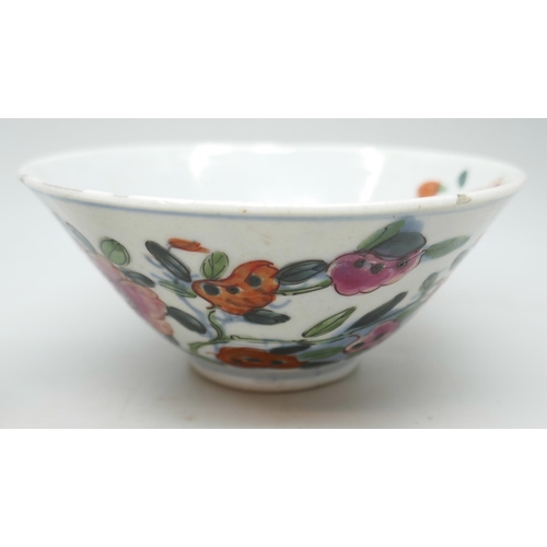 2330 - A famille verte tea bowl, famille rose cup and saucer, a small Japanese bowl, together with two box ... 