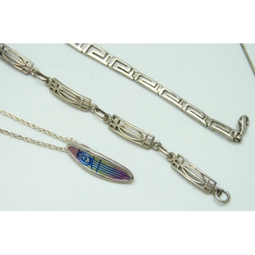 7073 - A collection of Rennie Mackintosh style silver jewellery including an enamelled Malcolm Gray pendant... 